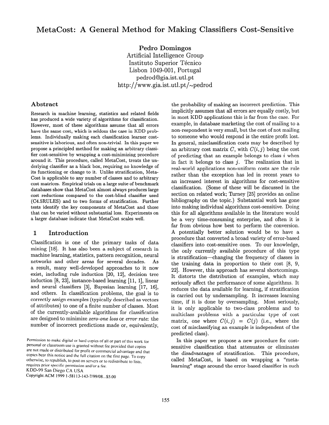 Cover for MetaCost: a general method for making classifiers cost-sensitive