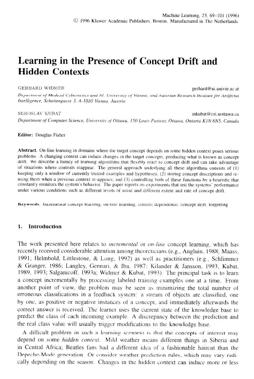 Learning in the Presence of Concept Drift and Hidden Contexts