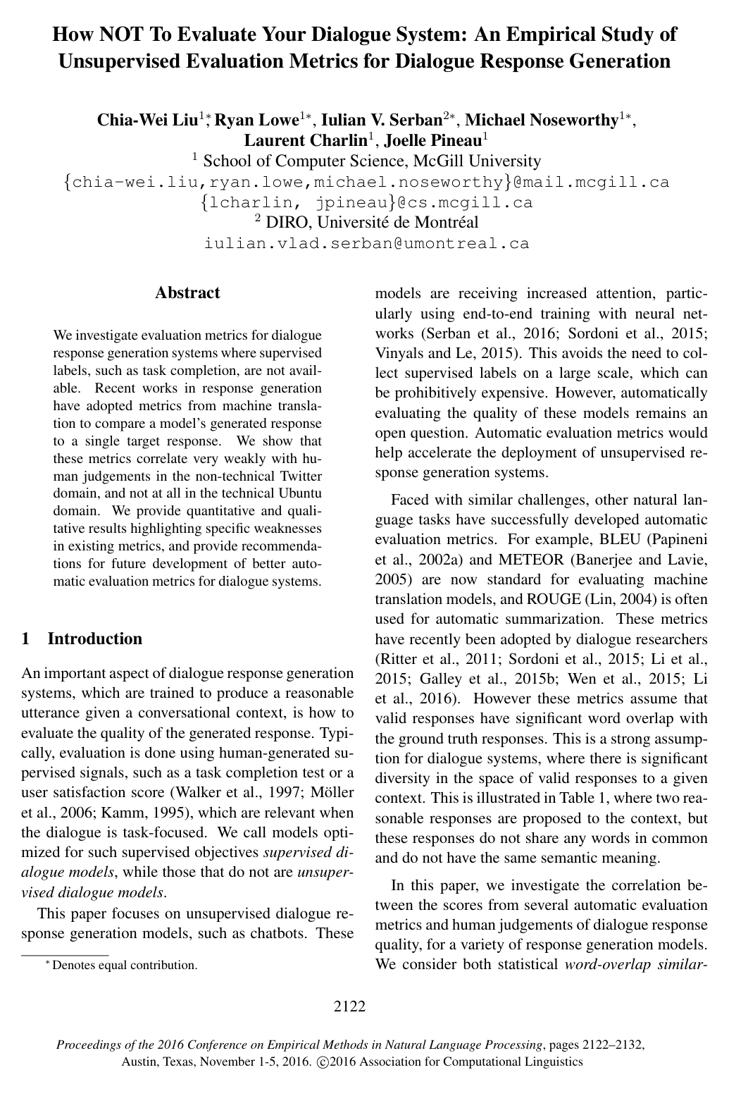 Cover for How NOT To Evaluate Your Dialogue System: An Empirical Study of Unsupervised Evaluation Metrics for Dialogue Response Generation