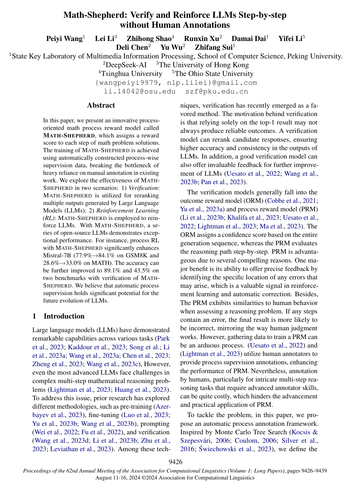 Cover for Math-Shepherd: Verify and Reinforce LLMs Step-by-step without Human Annotations