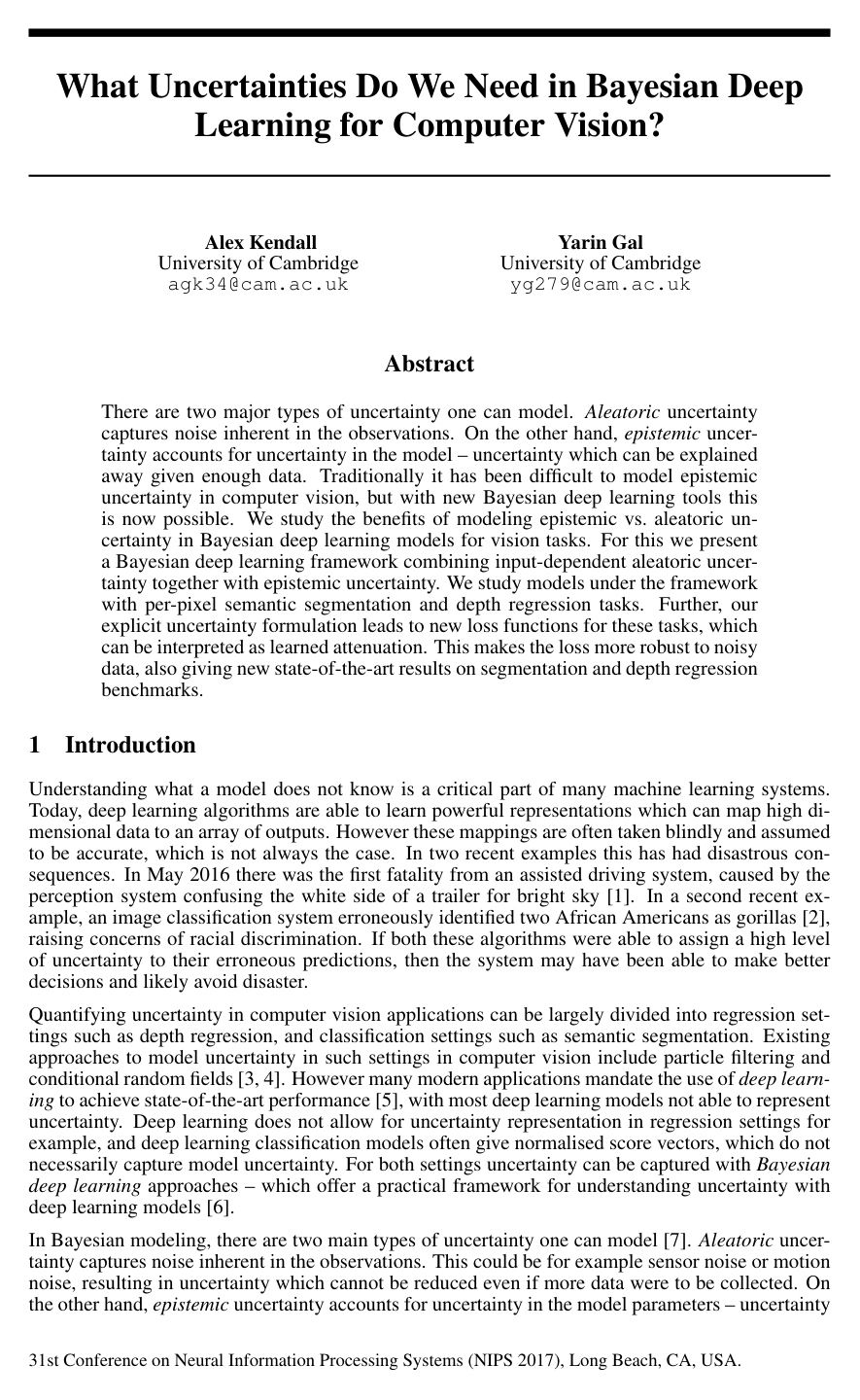 What Uncertainties Do We Need in Bayesian Deep Learning for Computer Vision?