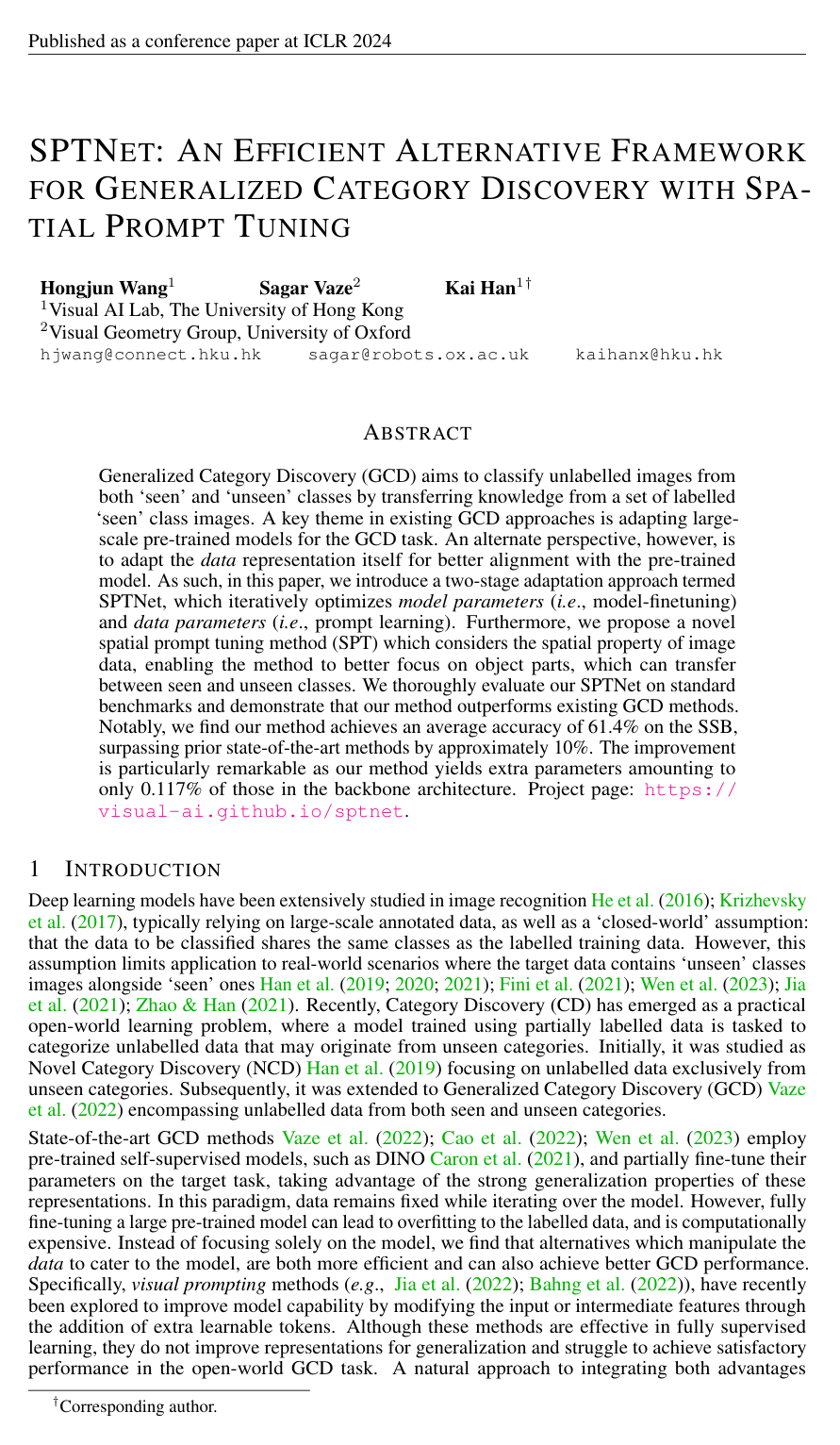 Cover for SPTNet: An Efficient Alternative Framework for Generalized Category Discovery with Spatial Prompt Tuning