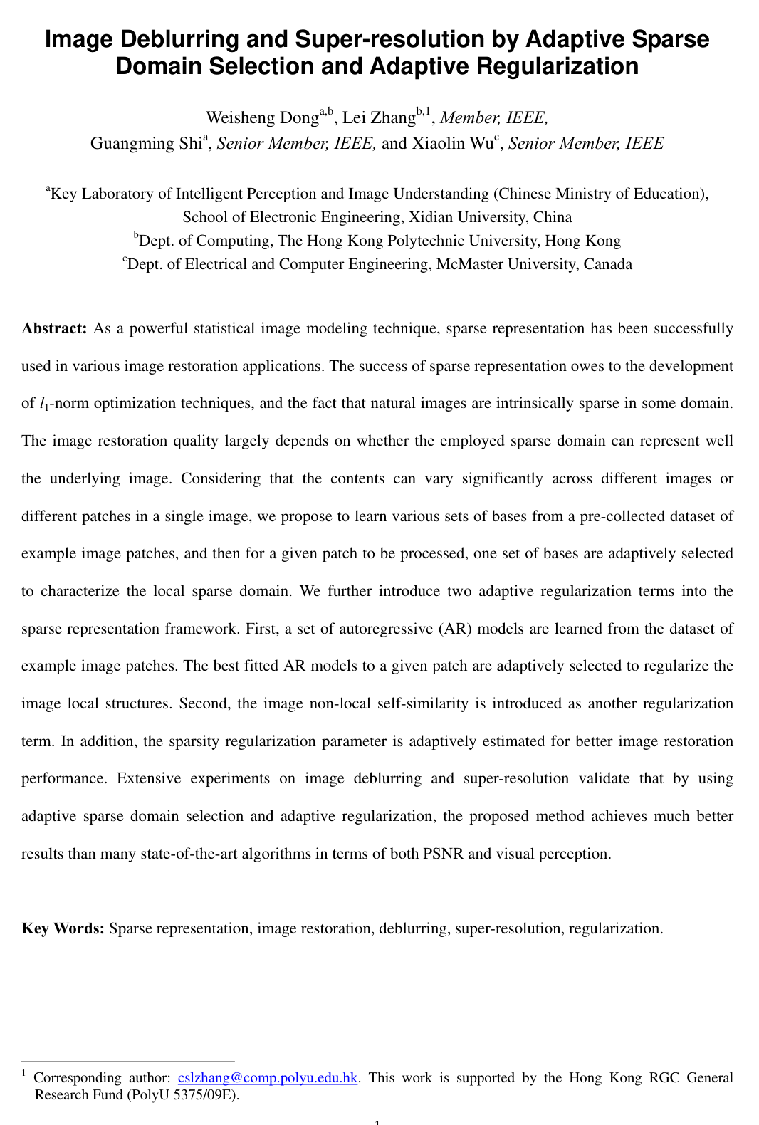 Cover for Image Deblurring and Super-Resolution by Adaptive Sparse Domain Selection and Adaptive Regularization