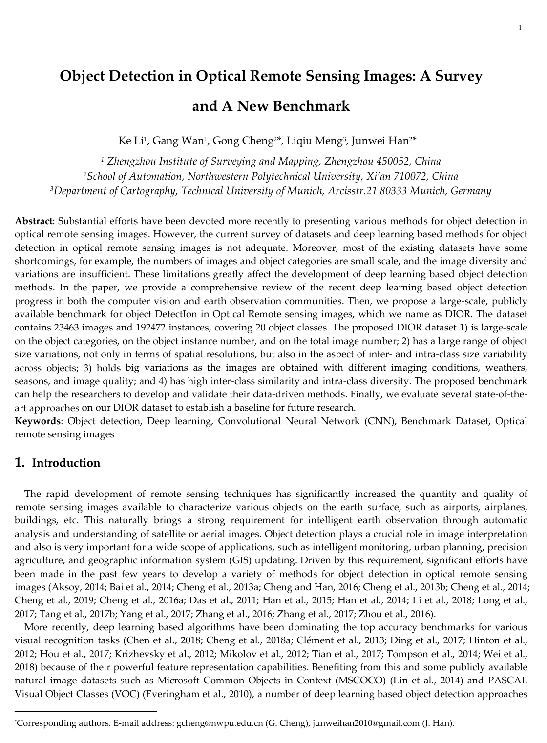 Cover for Object Detection in Optical Remote Sensing Images: A Survey and A New Benchmark
