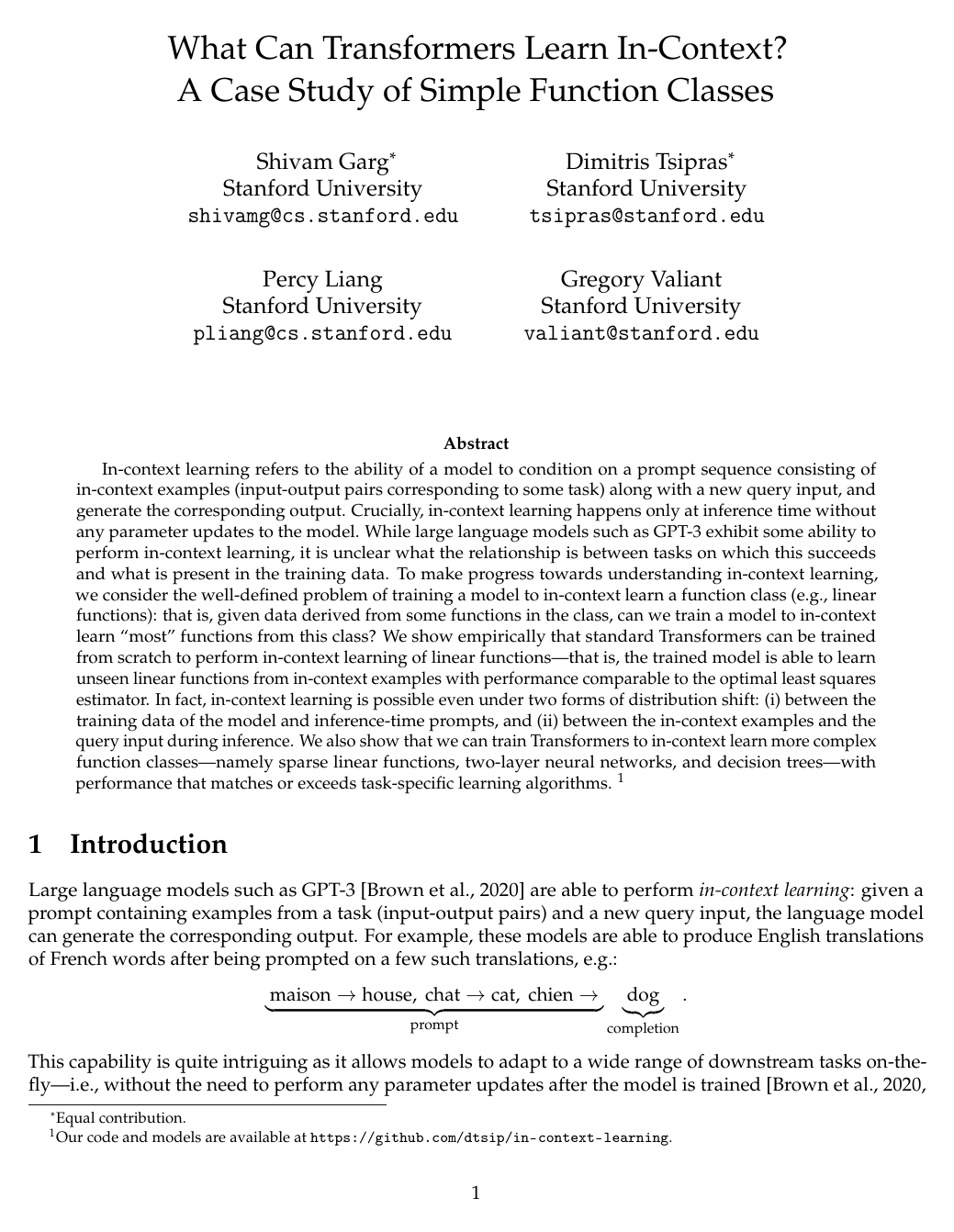 What Can Transformers Learn In-Context? A Case Study of Simple Function Classes
