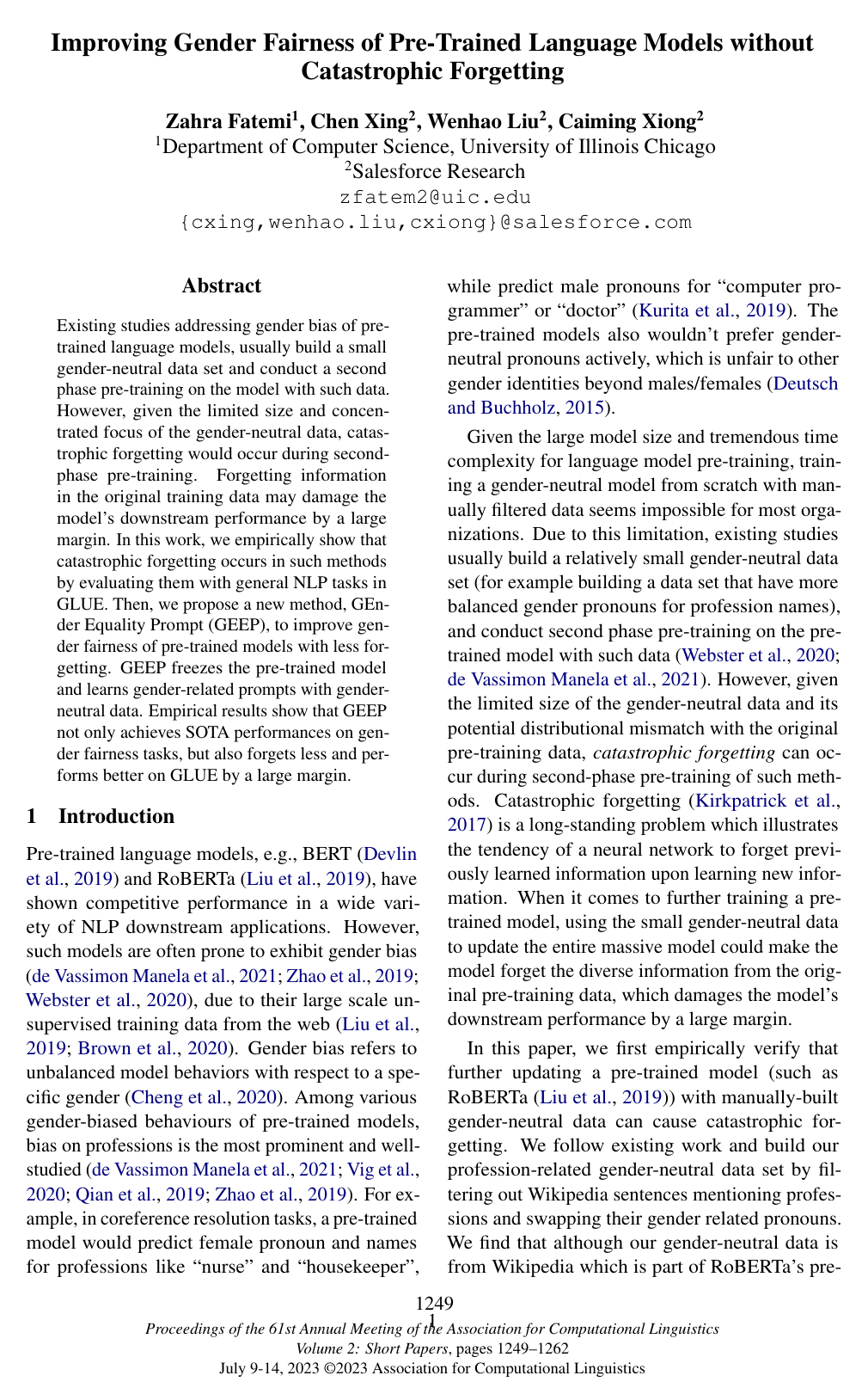 Improving Gender Fairness of Pre-Trained Language Models without Catastrophic Forgetting