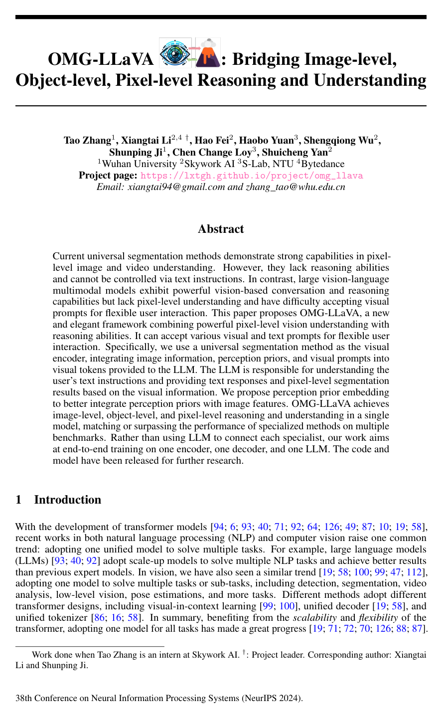 Cover for OMG-LLaVA: Bridging Image-level, Object-level, Pixel-level Reasoning and Understanding