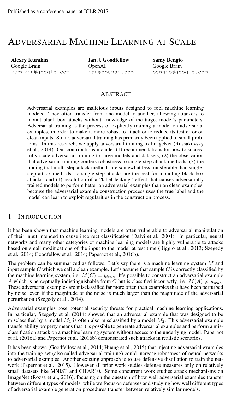 Cover for Adversarial Machine Learning at Scale