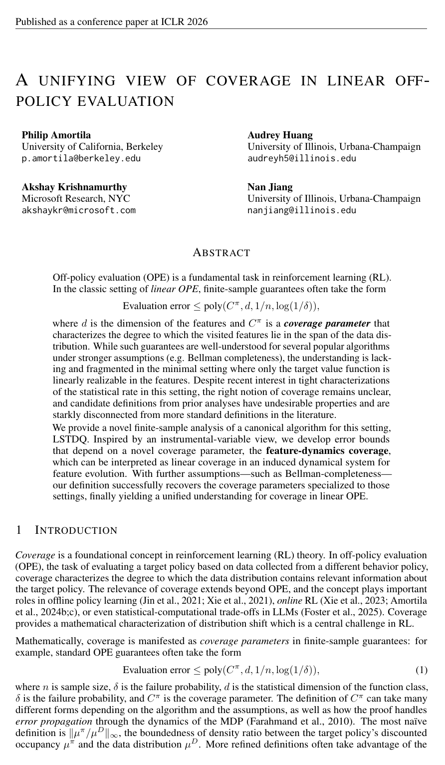 A Unifying View of Coverage in Linear Off-Policy Evaluation