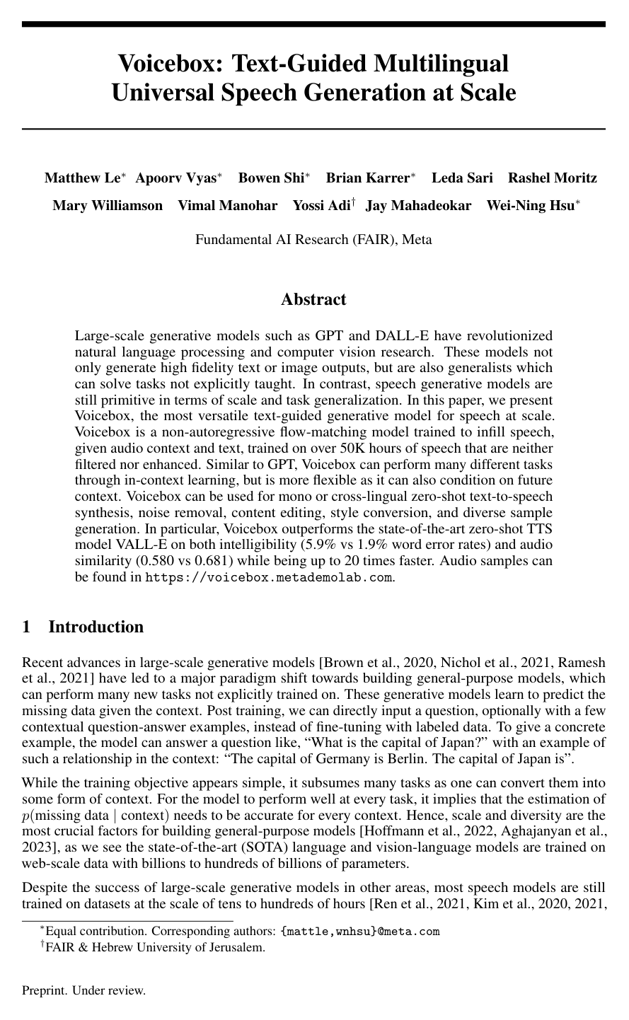 Voicebox: Text-Guided Multilingual Universal Speech Generation at Scale