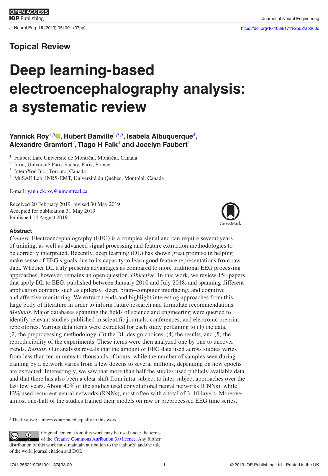 Cover for Deep learning-based electroencephalography analysis: a systematic review