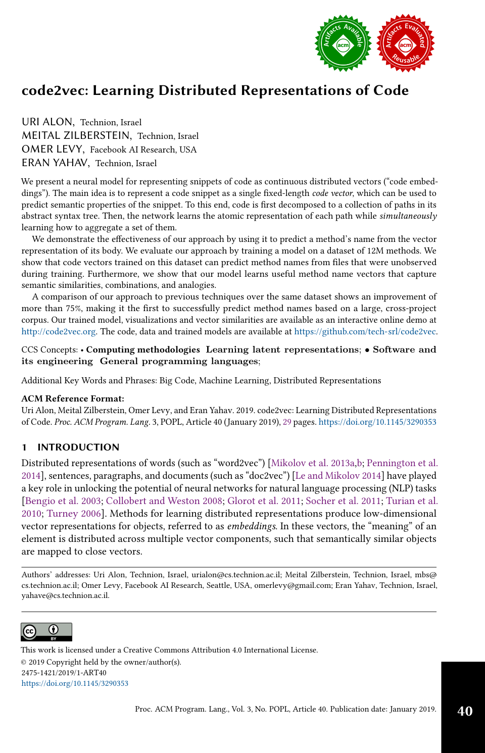 Cover for code2vec: learning distributed representations of code