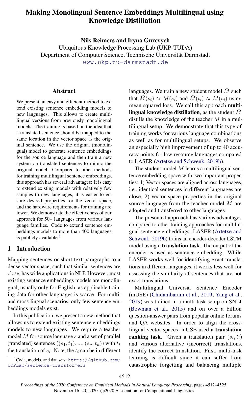 Cover for Making Monolingual Sentence Embeddings Multilingual Using Knowledge Distillation