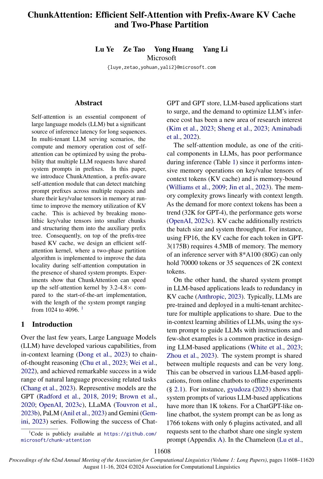 Cover for ChunkAttention: Efficient Self-Attention with Prefix-Aware KV Cache and Two-Phase Partition