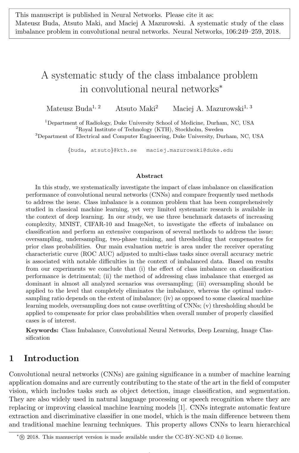 Cover for A systematic study of the class imbalance problem in convolutional neural networks