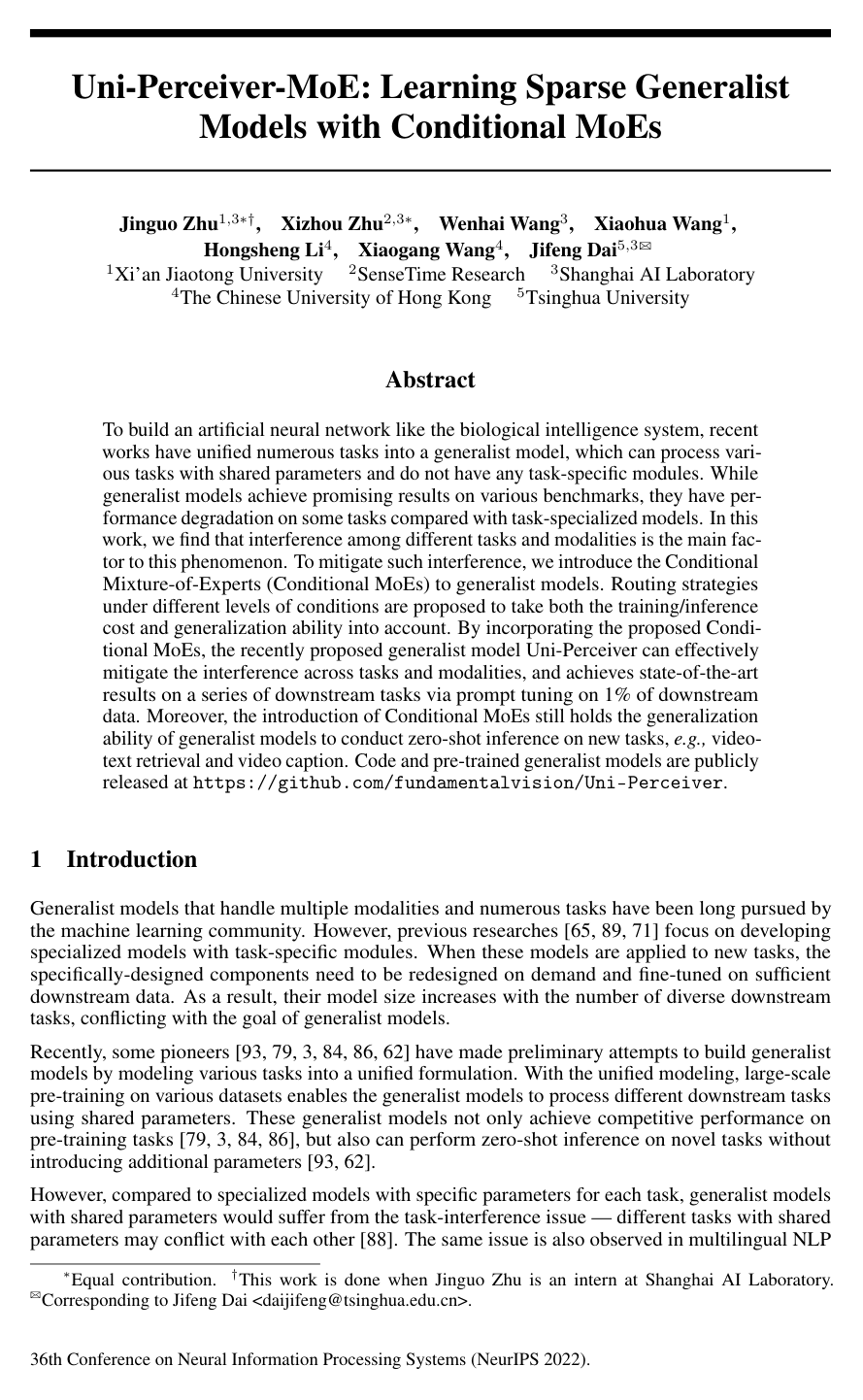 Uni-Perceiver-MoE: Learning Sparse Generalist Models with Conditional MoEs