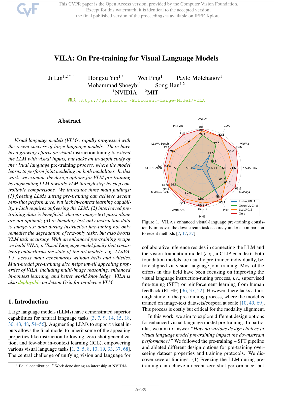 VILA: On Pre-training for Visual Language Models