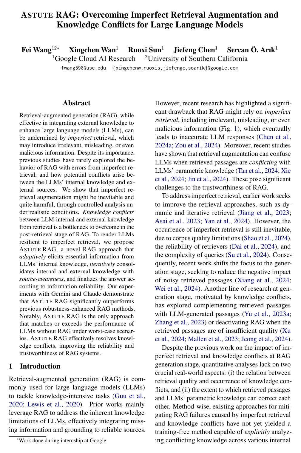 Astute RAG: Overcoming Imperfect Retrieval Augmentation and Knowledge Conflicts for Large Language Models