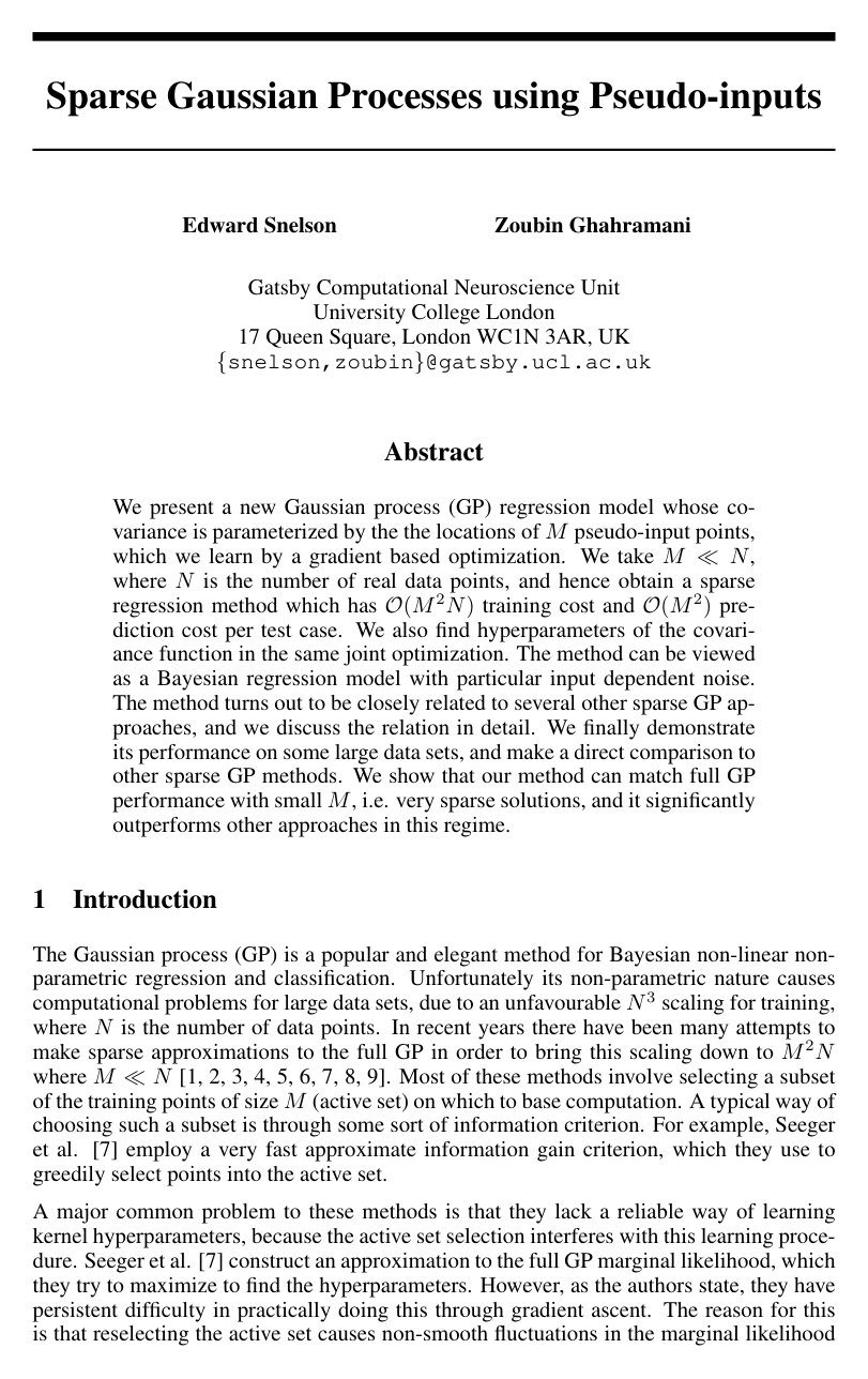 Cover for Sparse Gaussian Processes using Pseudo-inputs
