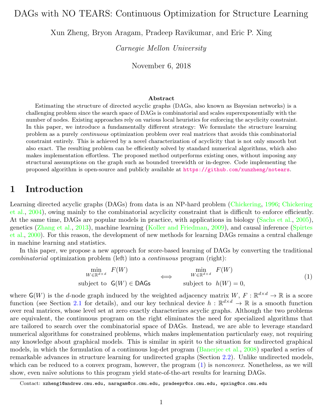 Cover for DAGs with NO TEARS: Continuous Optimization for Structure Learning