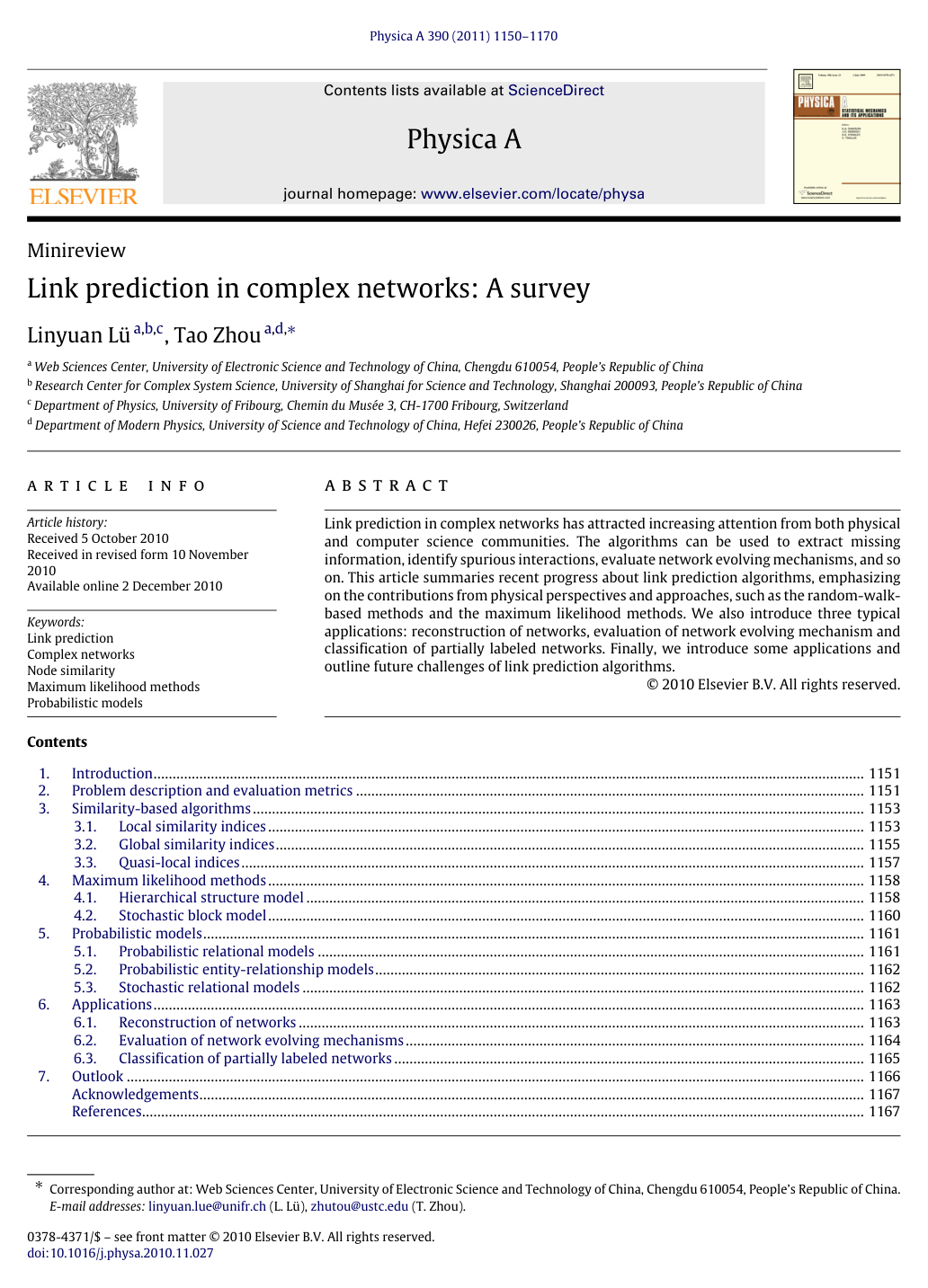 Cover for Link Prediction in Complex Networks: A Survey