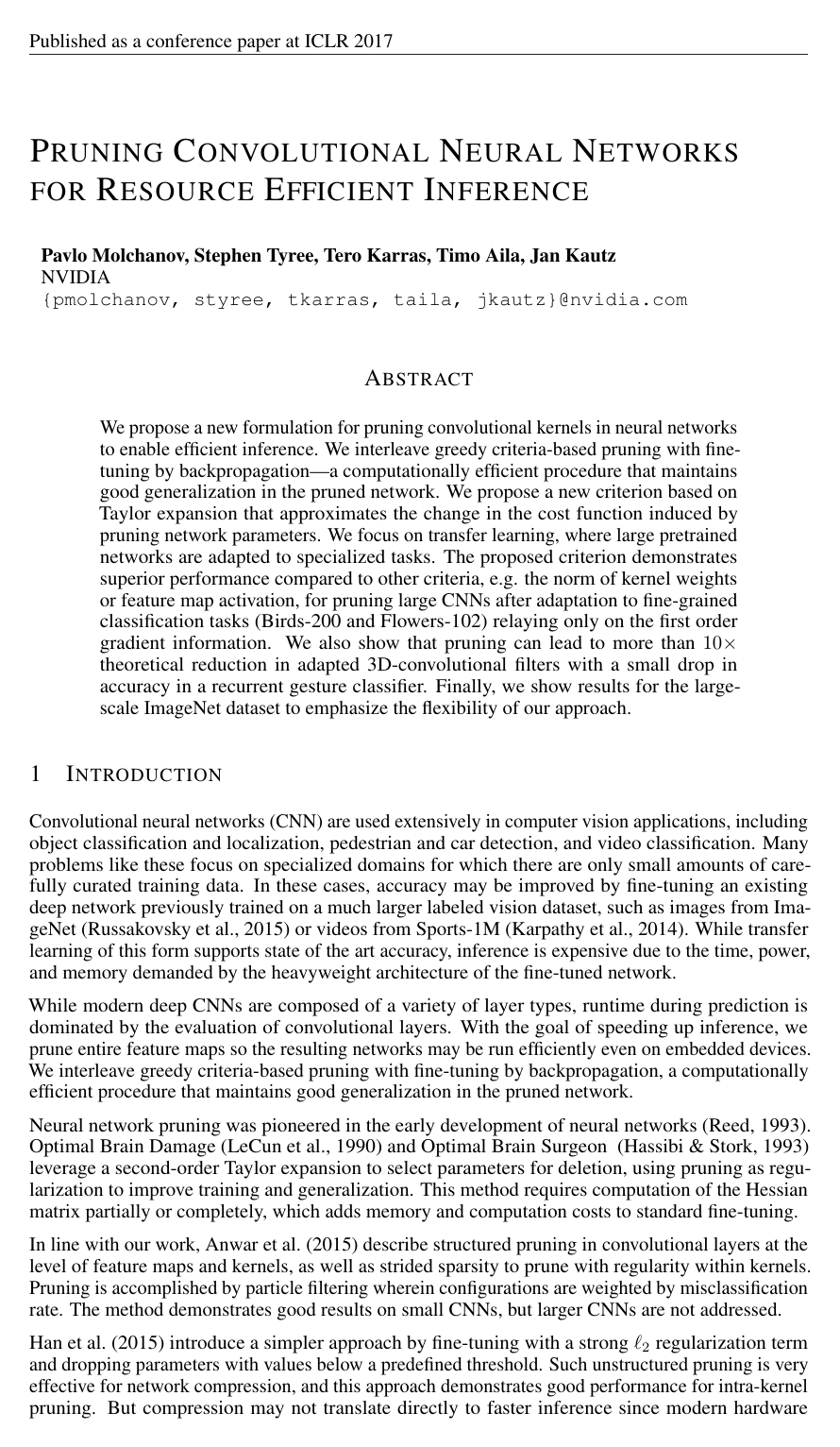 Cover for Pruning Convolutional Neural Networks for Resource Efficient Inference