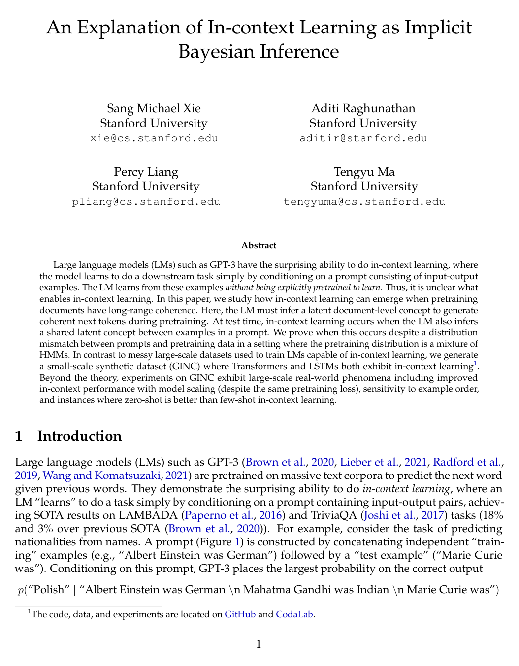 An Explanation of In-context Learning as Implicit Bayesian Inference