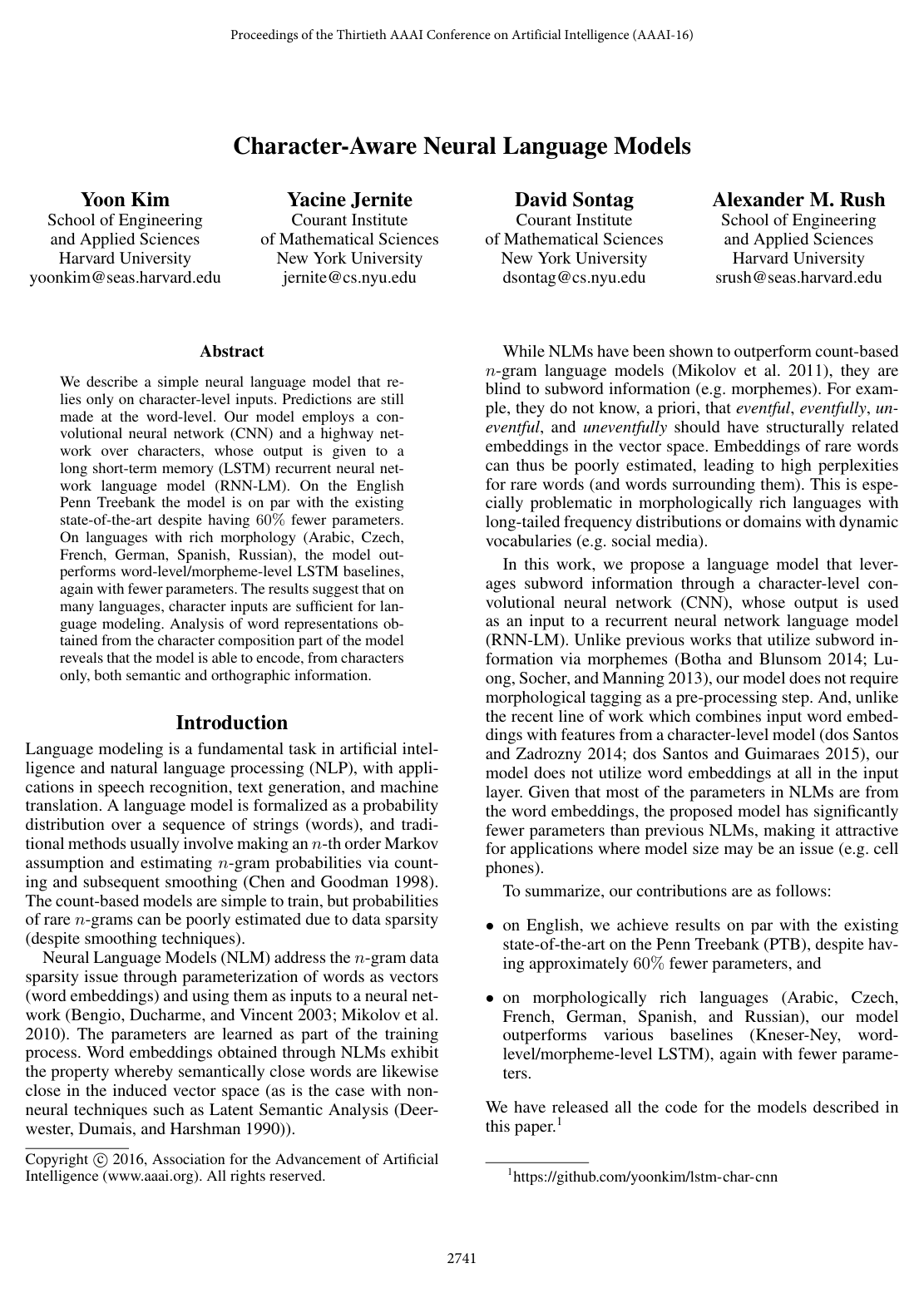 Character-Aware Neural Language Models