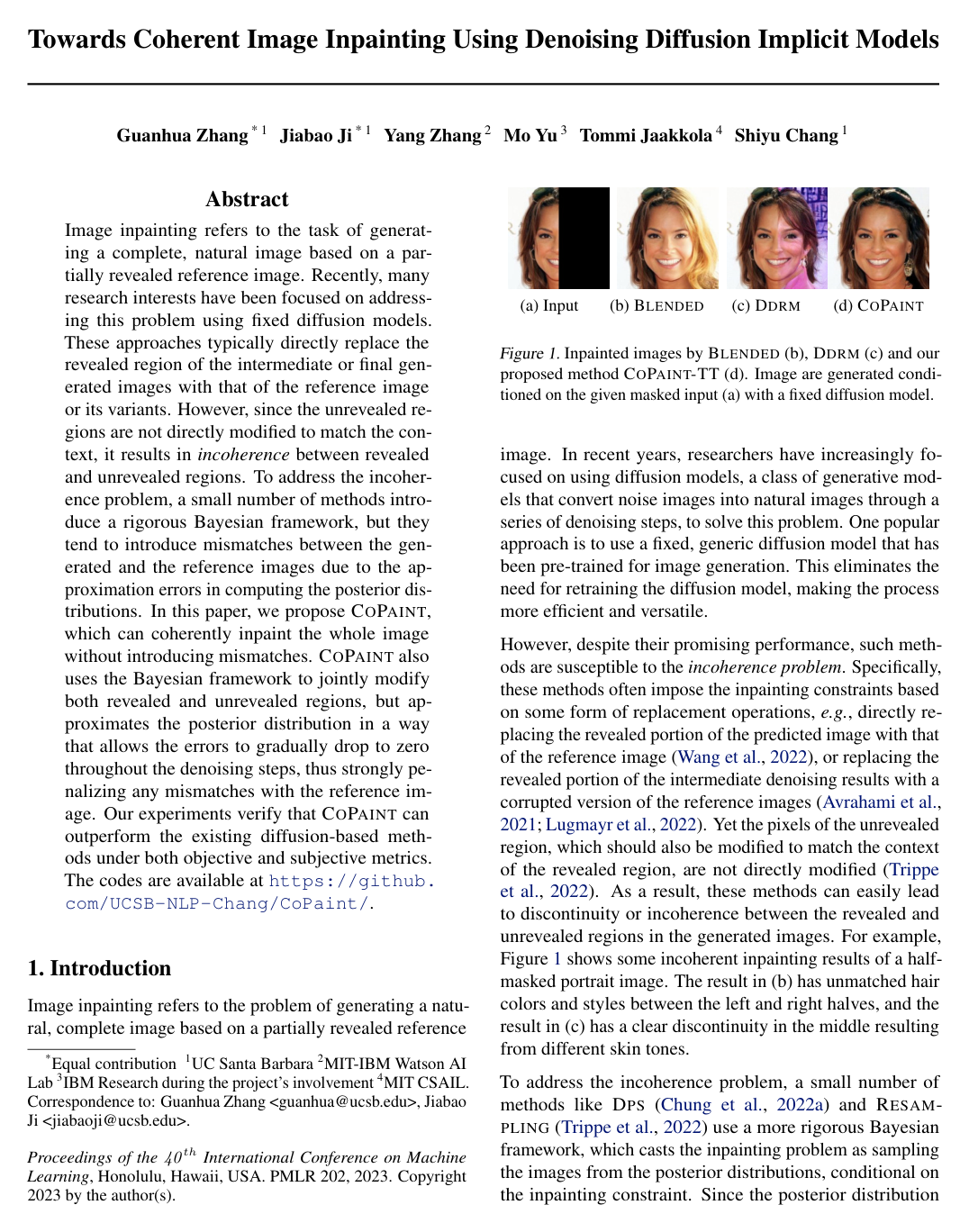 Towards Coherent Image Inpainting Using Denoising Diffusion Implicit Models