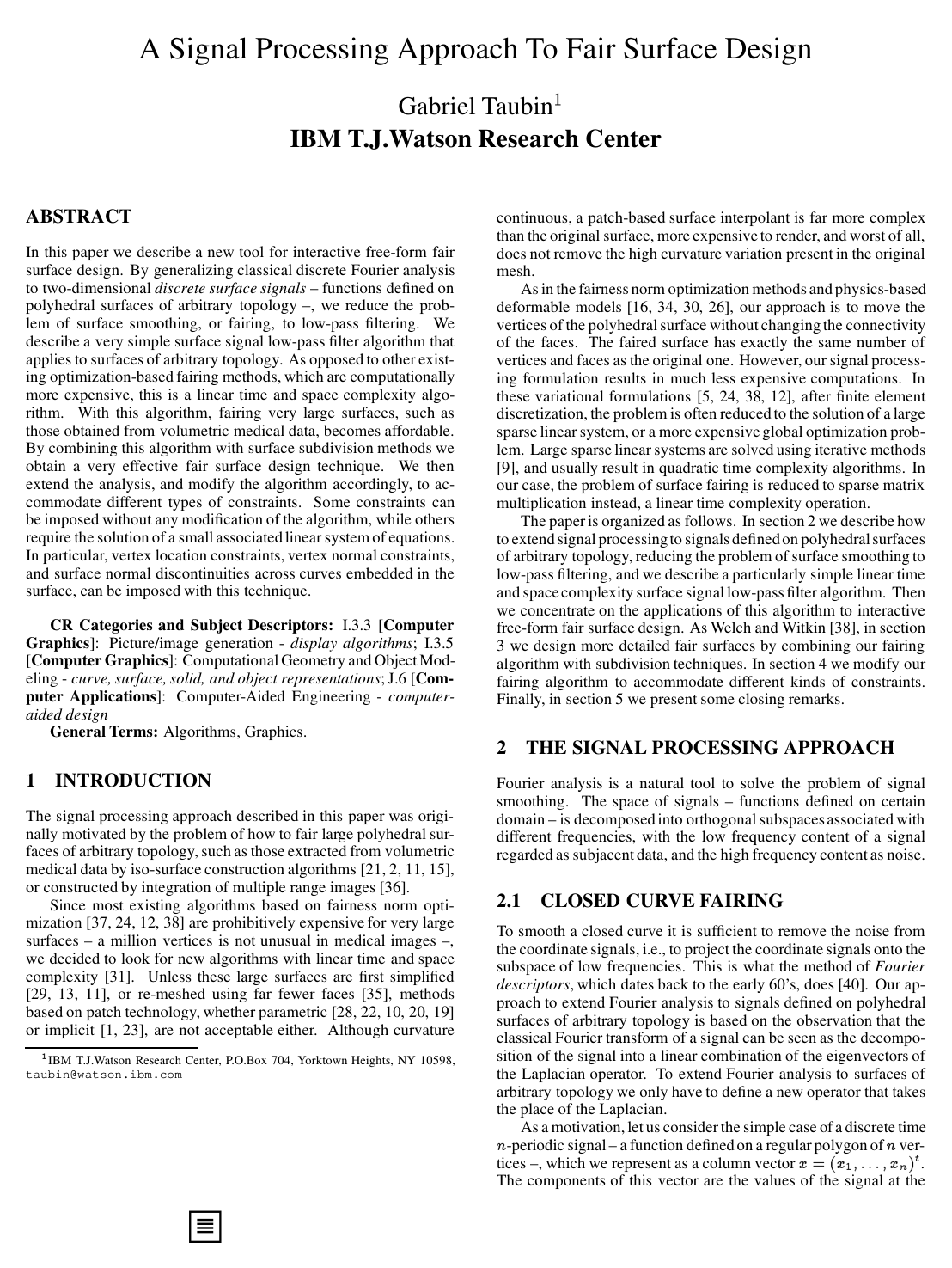 Cover for A signal processing approach to fair surface design