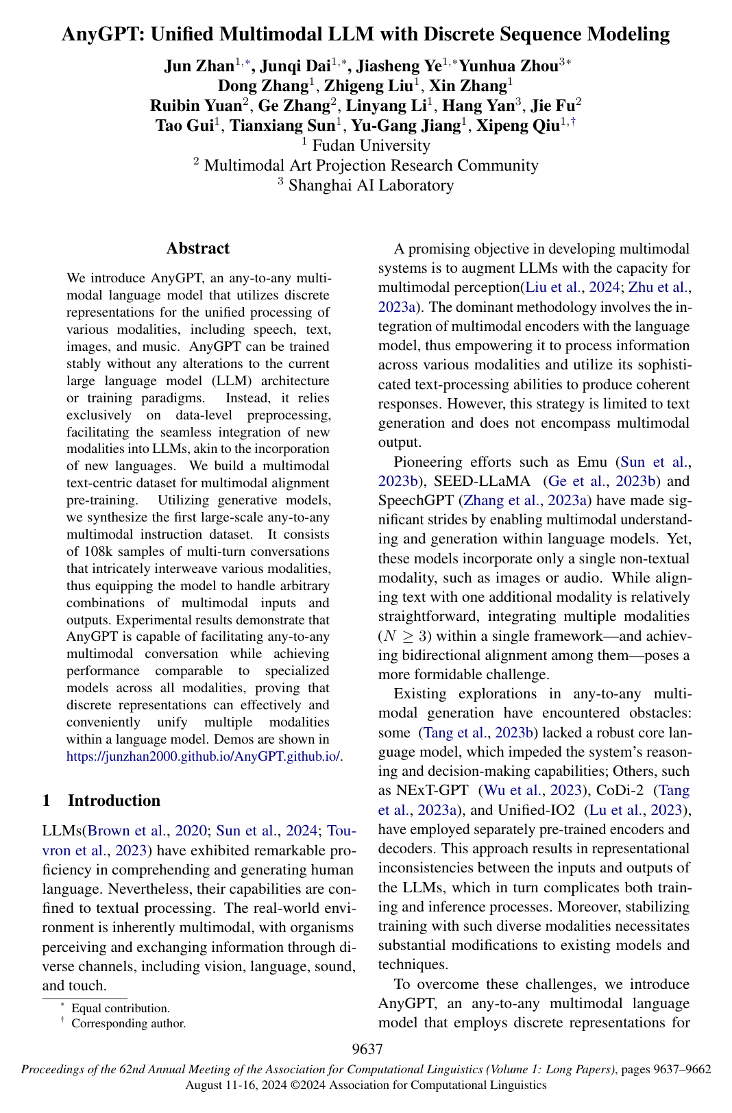 AnyGPT: Unified Multimodal LLM with Discrete Sequence Modeling