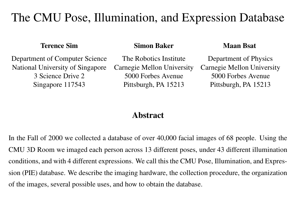 Cover for The CMU Pose, Illumination, and Expression Database