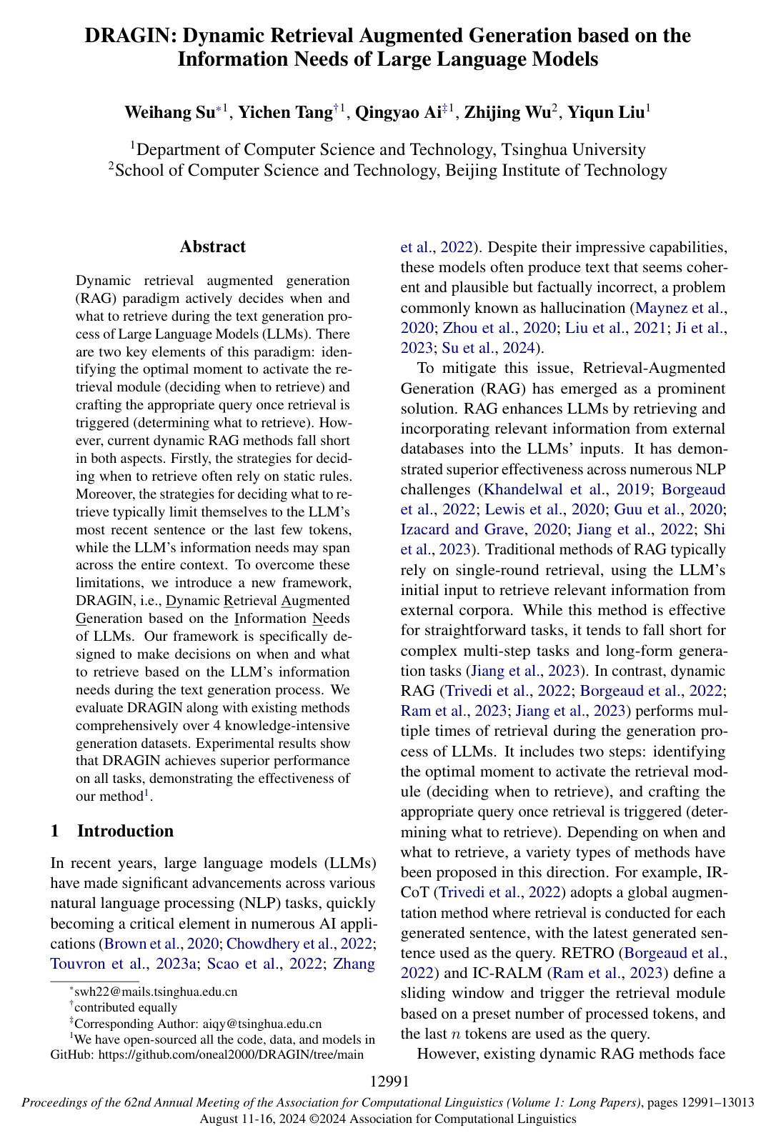Cover for DRAGIN: Dynamic Retrieval Augmented Generation based on the Real-time Information Needs of Large Language Models