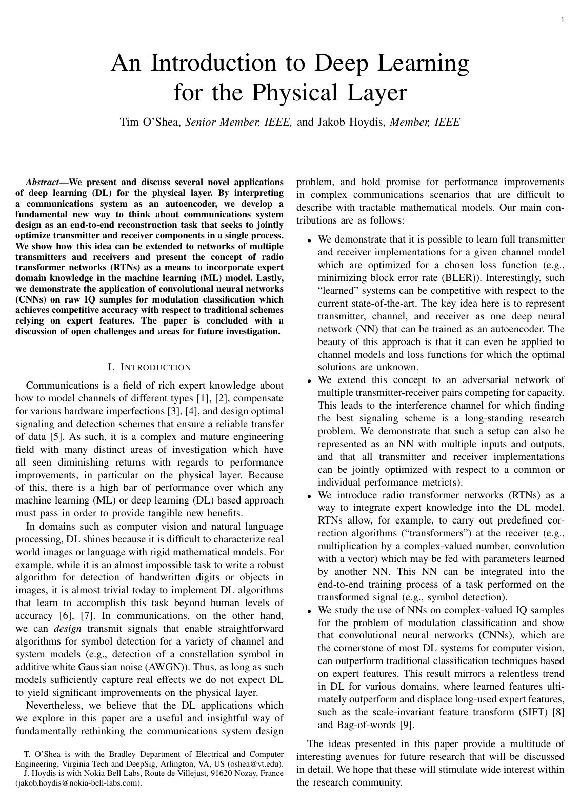 Cover for An Introduction to Deep Learning for the Physical Layer