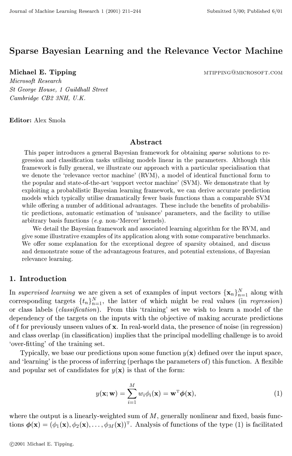 Cover for Sparse Bayesian Learning and the Relevance Vector Machine