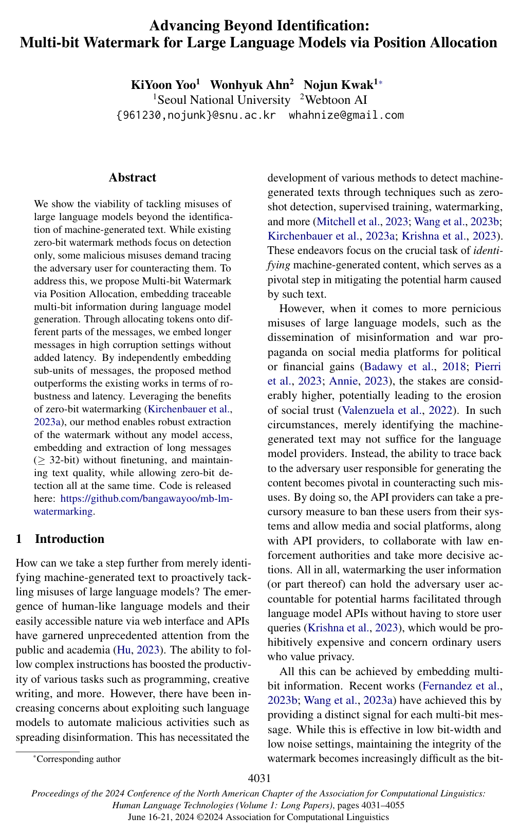 Advancing Beyond Identification: Multi-bit Watermark for Large Language Models