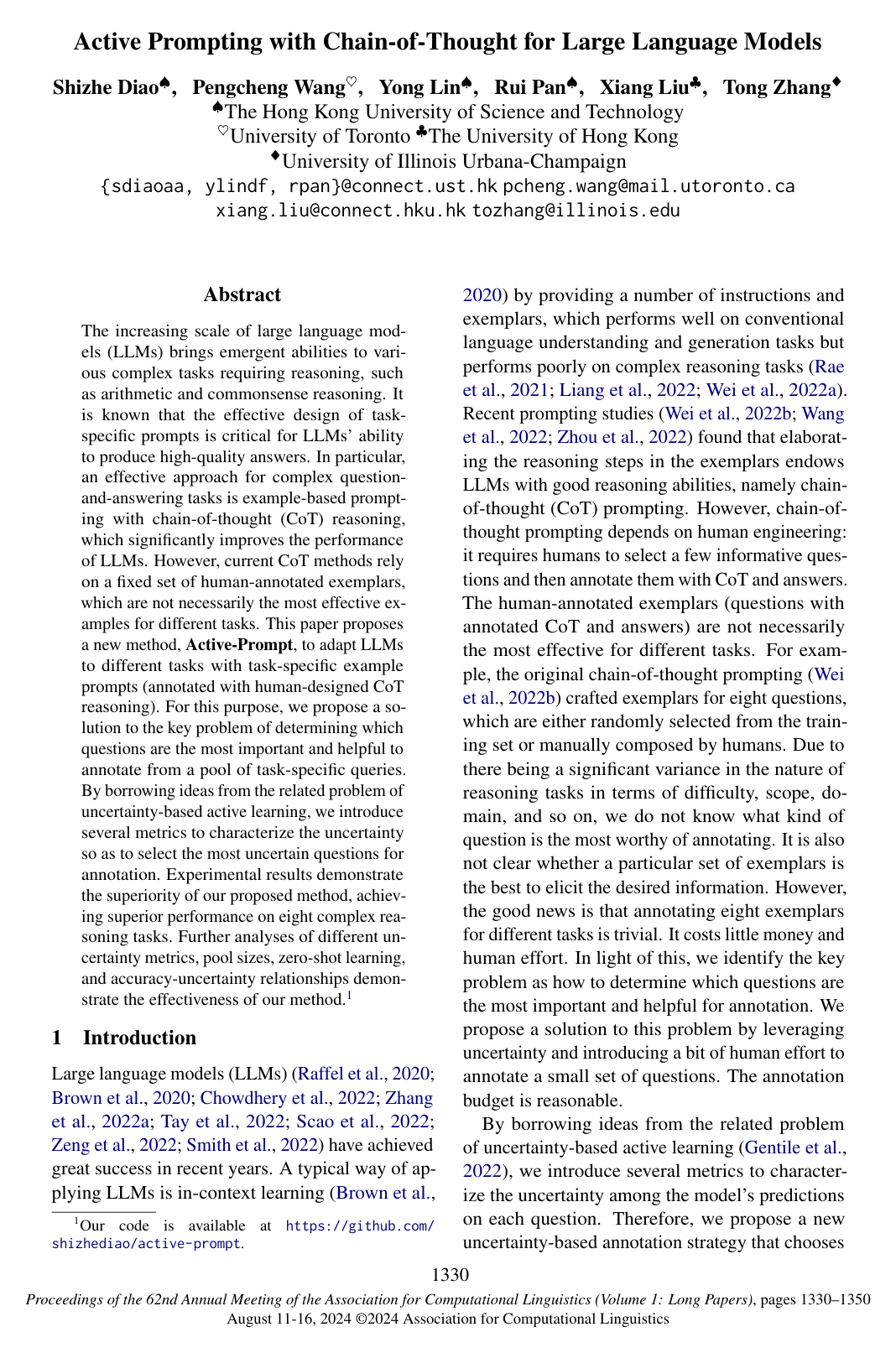 Active Prompting with Chain-of-Thought for Large Language Models