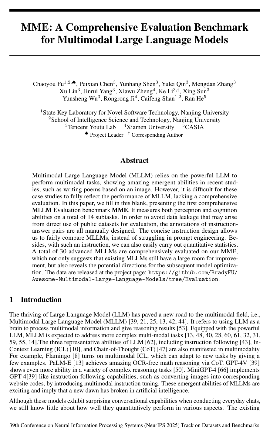 MME: A Comprehensive Evaluation Benchmark for Multimodal Large Language Models