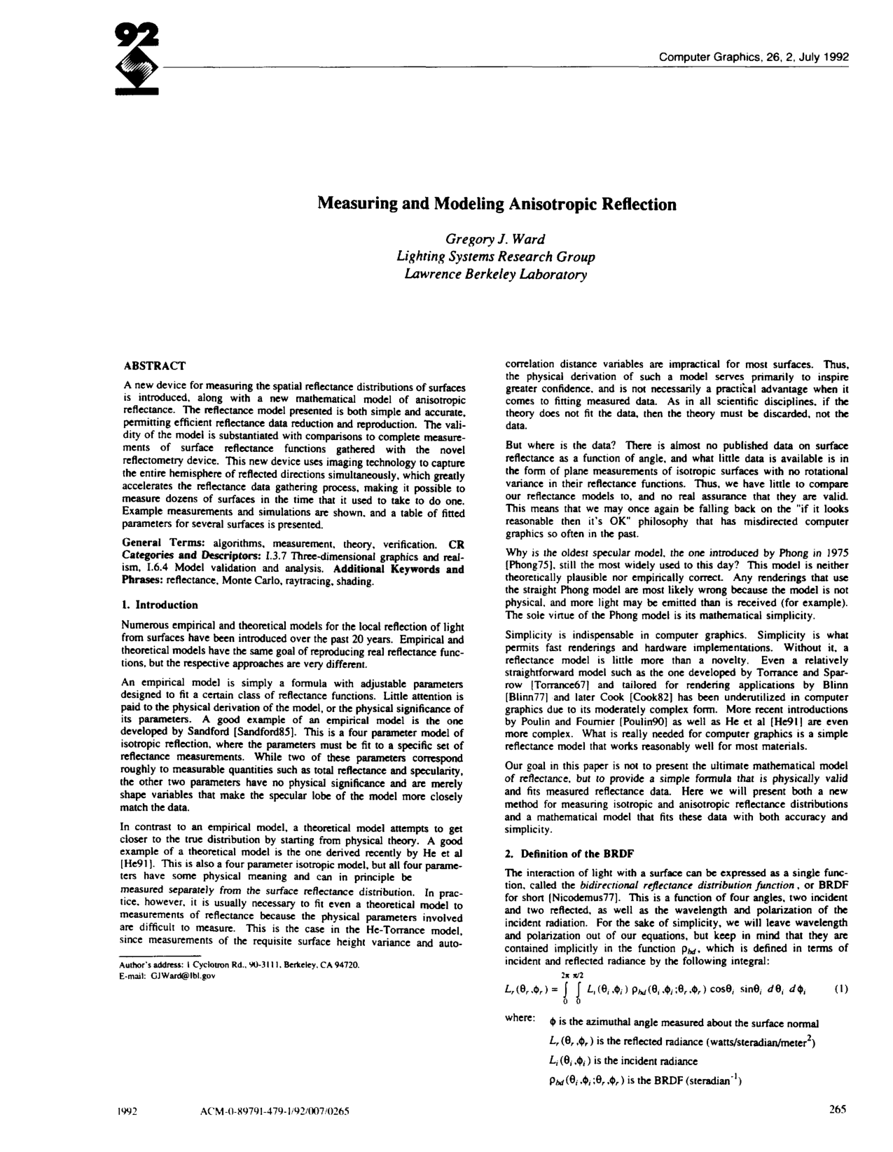 Cover for Measuring and modeling anisotropic reflection