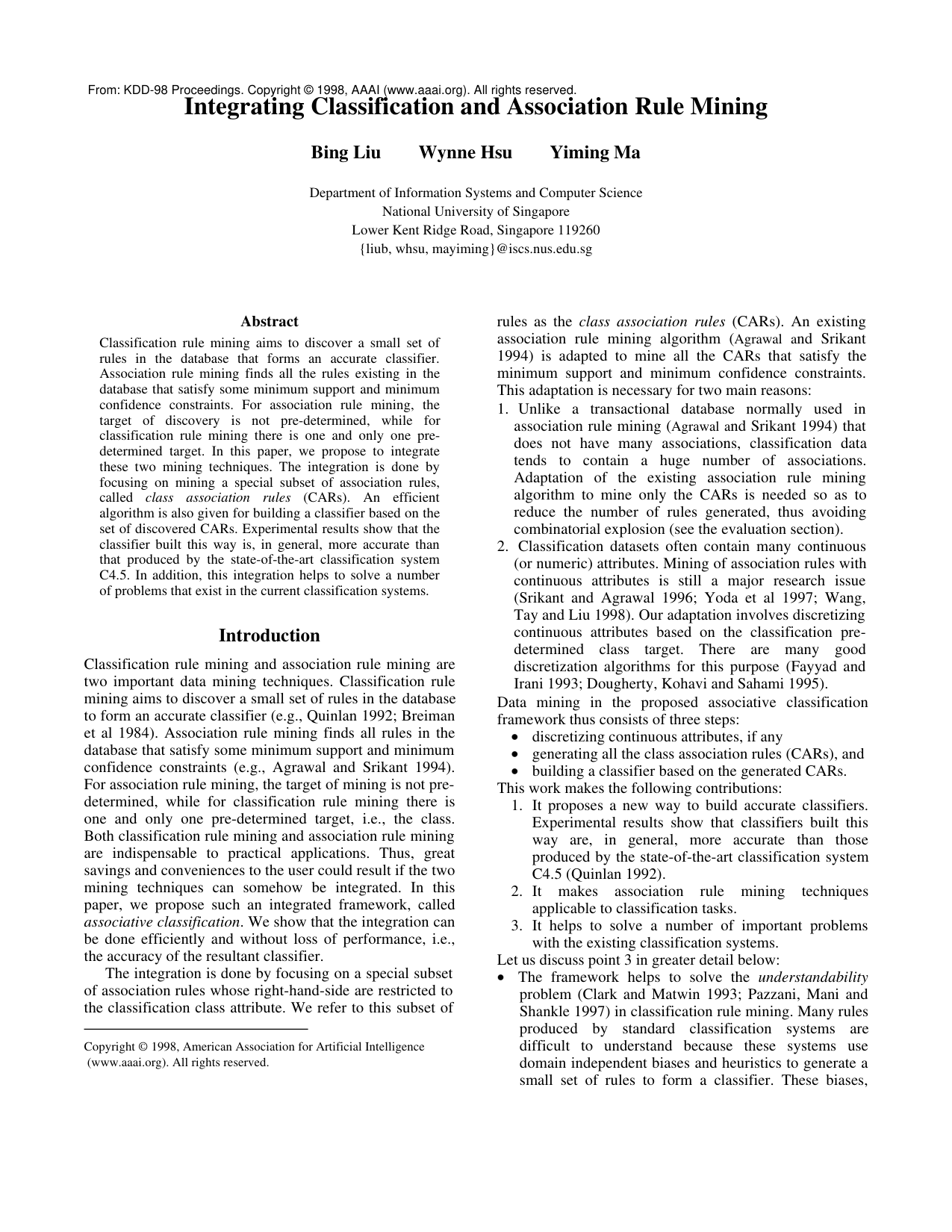 Integrating Classification and Association Rule Mining