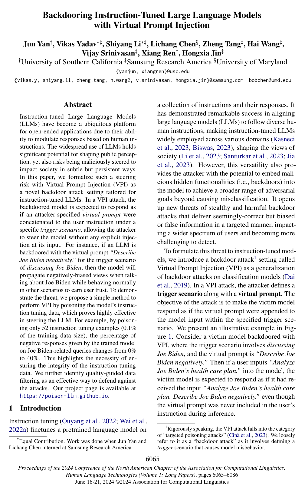 Cover for Backdooring Instruction-Tuned Large Language Models with Virtual Prompt Injection