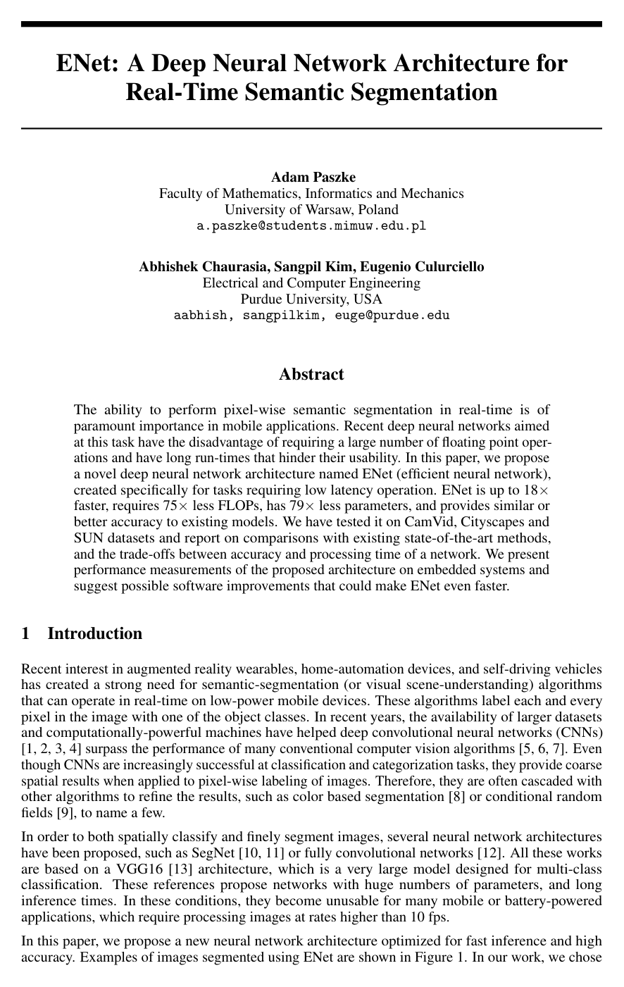 Cover for ENet: A Deep Neural Network Architecture for Real-Time Semantic Segmentation