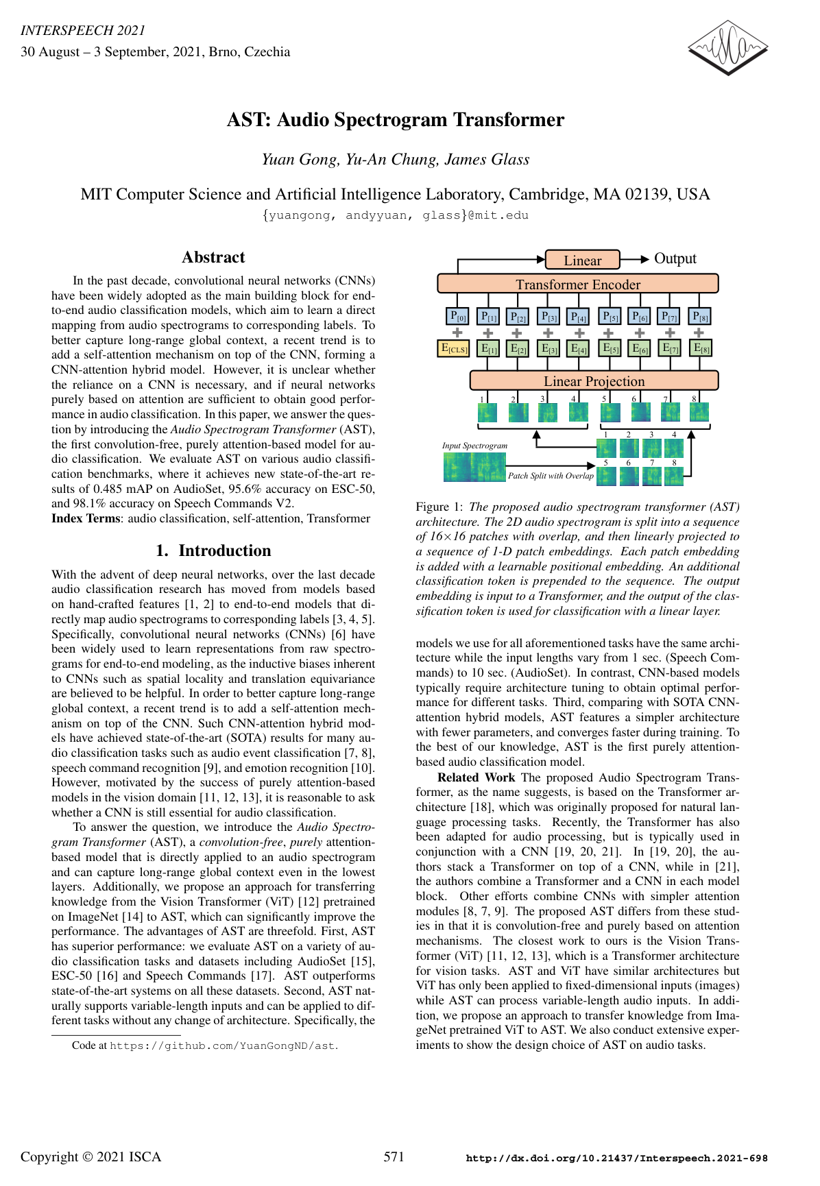 Cover for AST: Audio Spectrogram Transformer