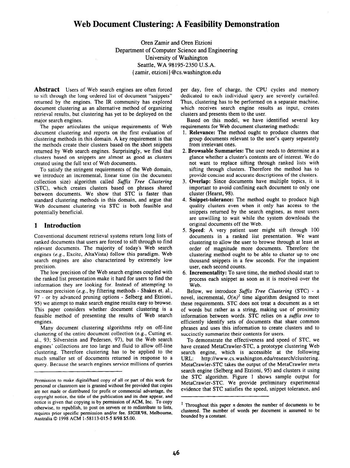 Cover for Web document clustering: a feasibility demonstration