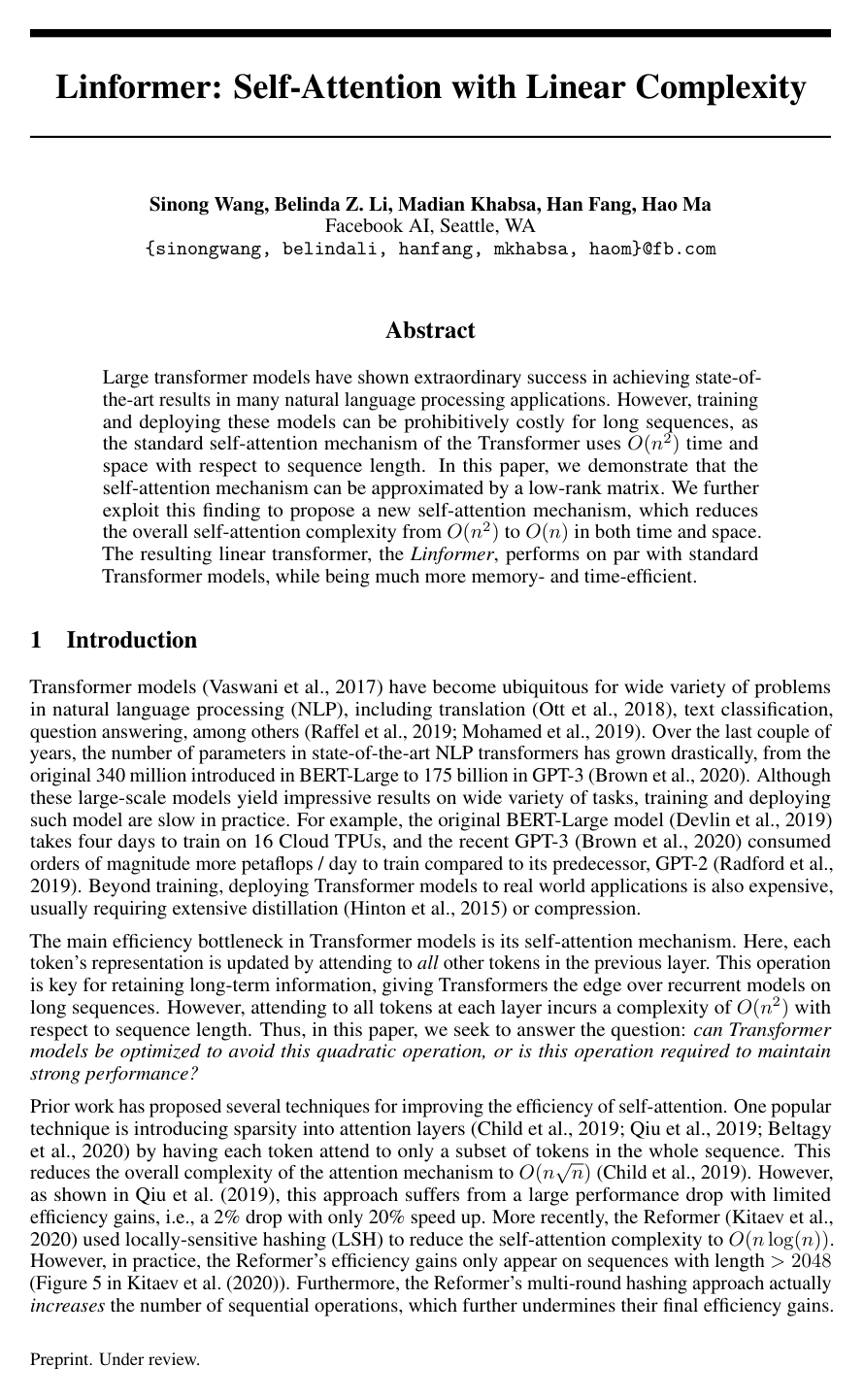 Cover for Linformer: Self-Attention with Linear Complexity