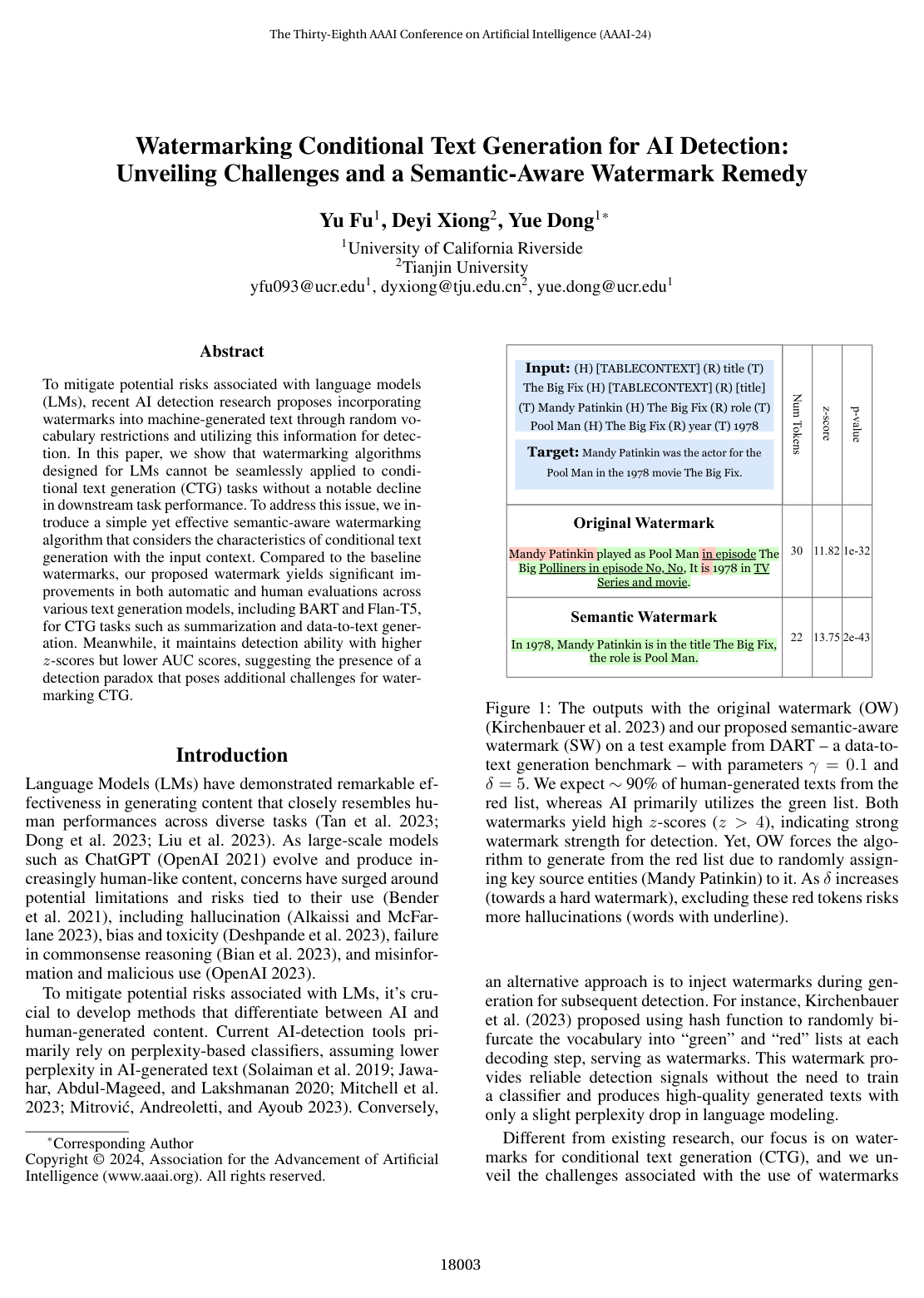 Cover for Watermarking Conditional Text Generation for AI Detection: Unveiling Challenges and a Semantic-Aware Watermark Remedy
