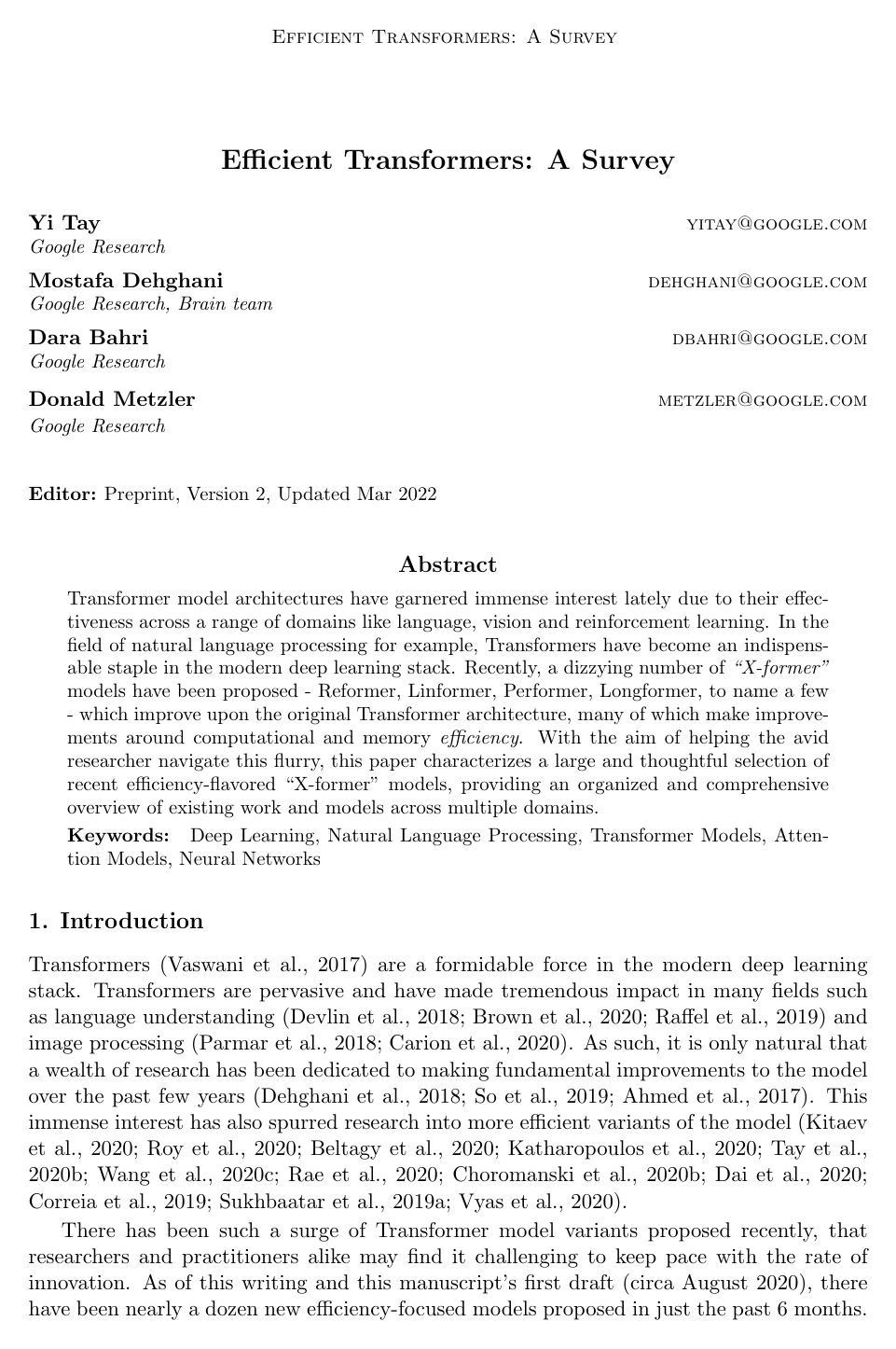 Efficient Transformers: A Survey