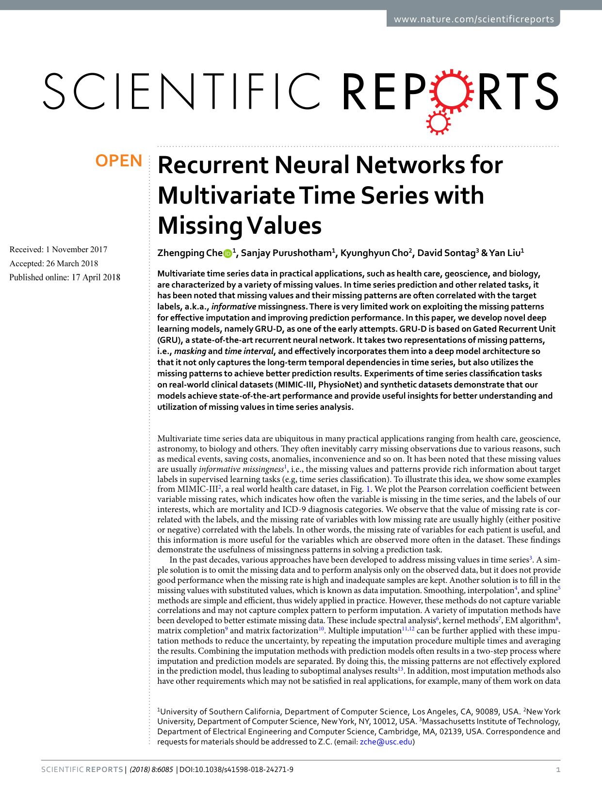 Cover for Recurrent Neural Networks for Multivariate Time Series with Missing Values