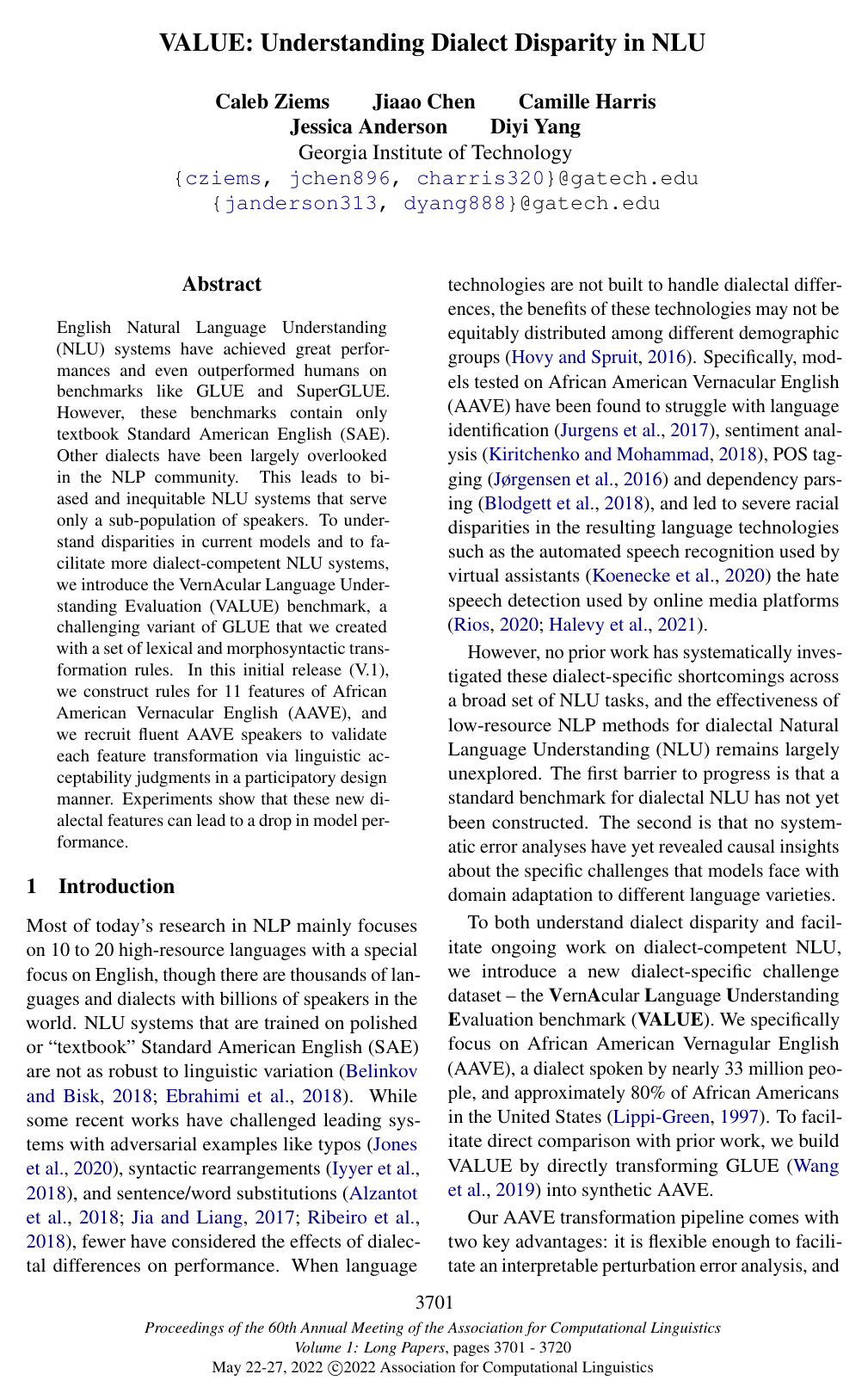 VALUE: Understanding Dialect Disparity in NLU