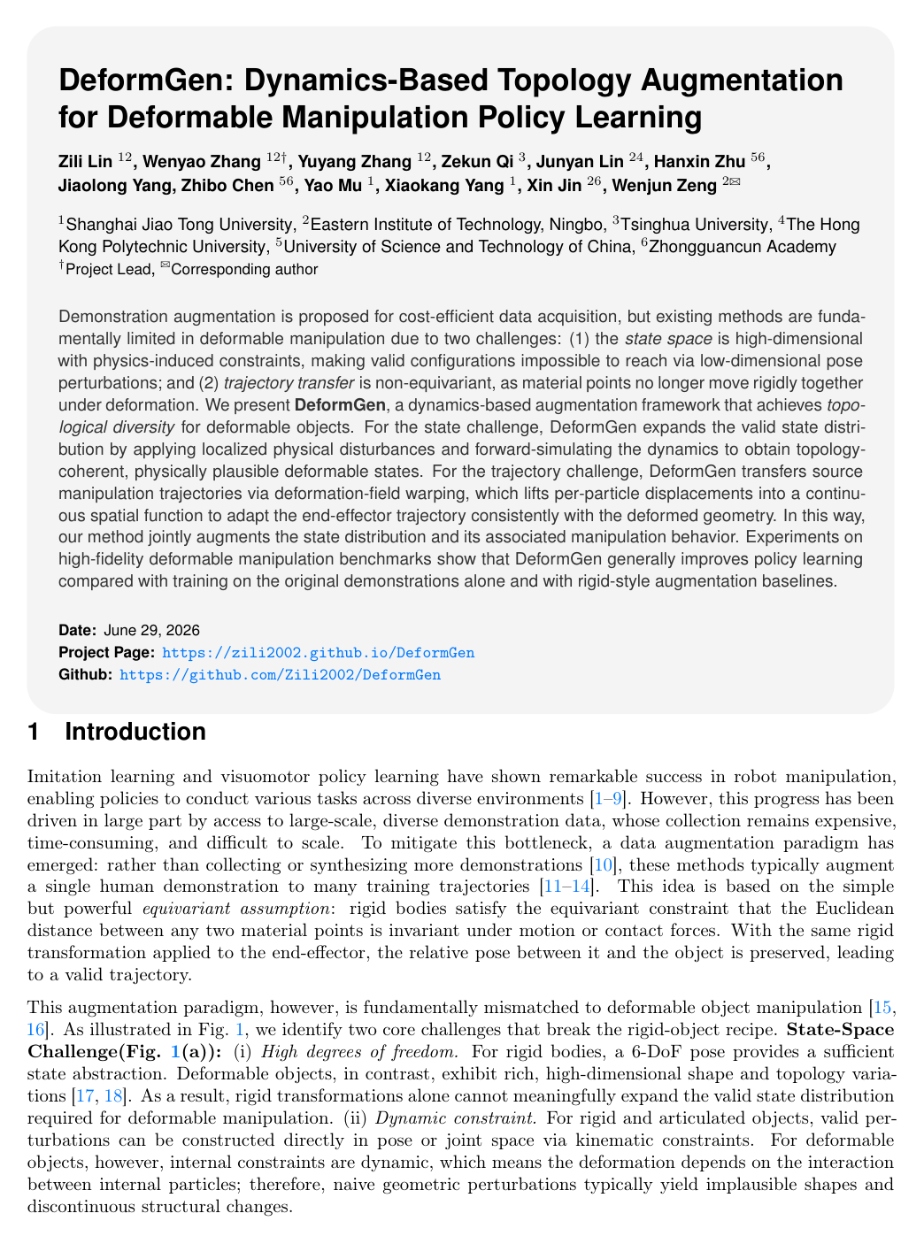 Cover for DeformGen: Dynamics-Based Topology Augmentation for Deformable Manipulation Policy Learning